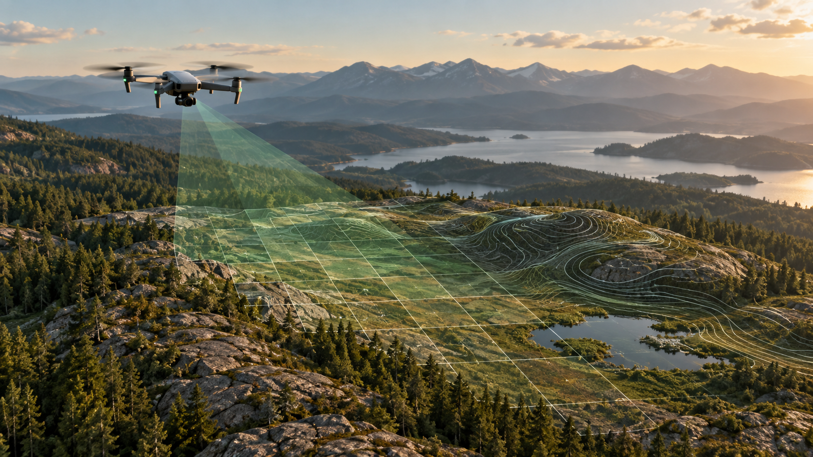 Illustration of a drone imaging a terrain surface with mapping lines